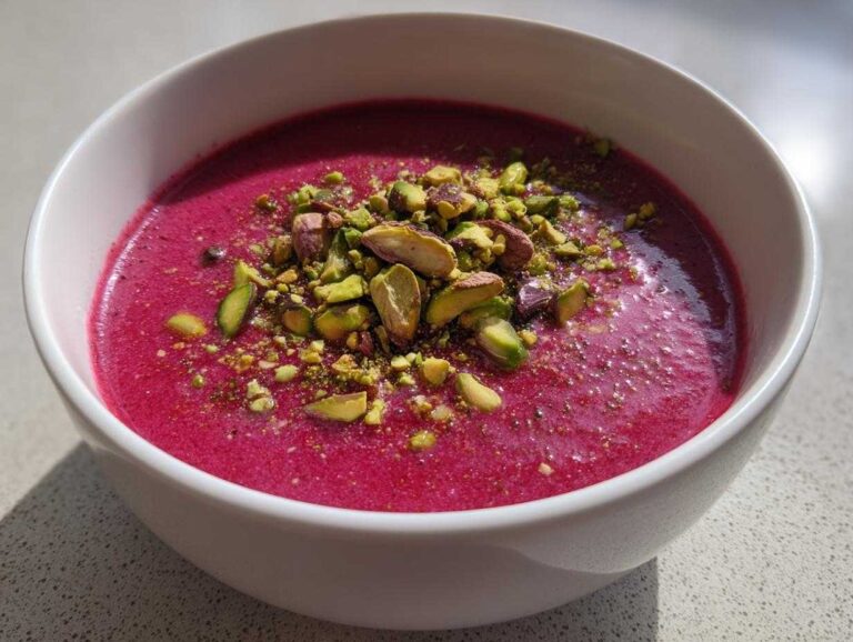 A close-up of a vibrant magenta Harissa Beet Soup Recipe garnished generously with chopped green pistachios.