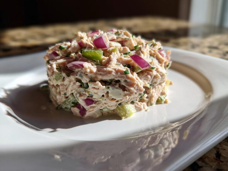 A molded serving of healthy tuna salad featuring visible chunks of red onion and celery on a white plate.