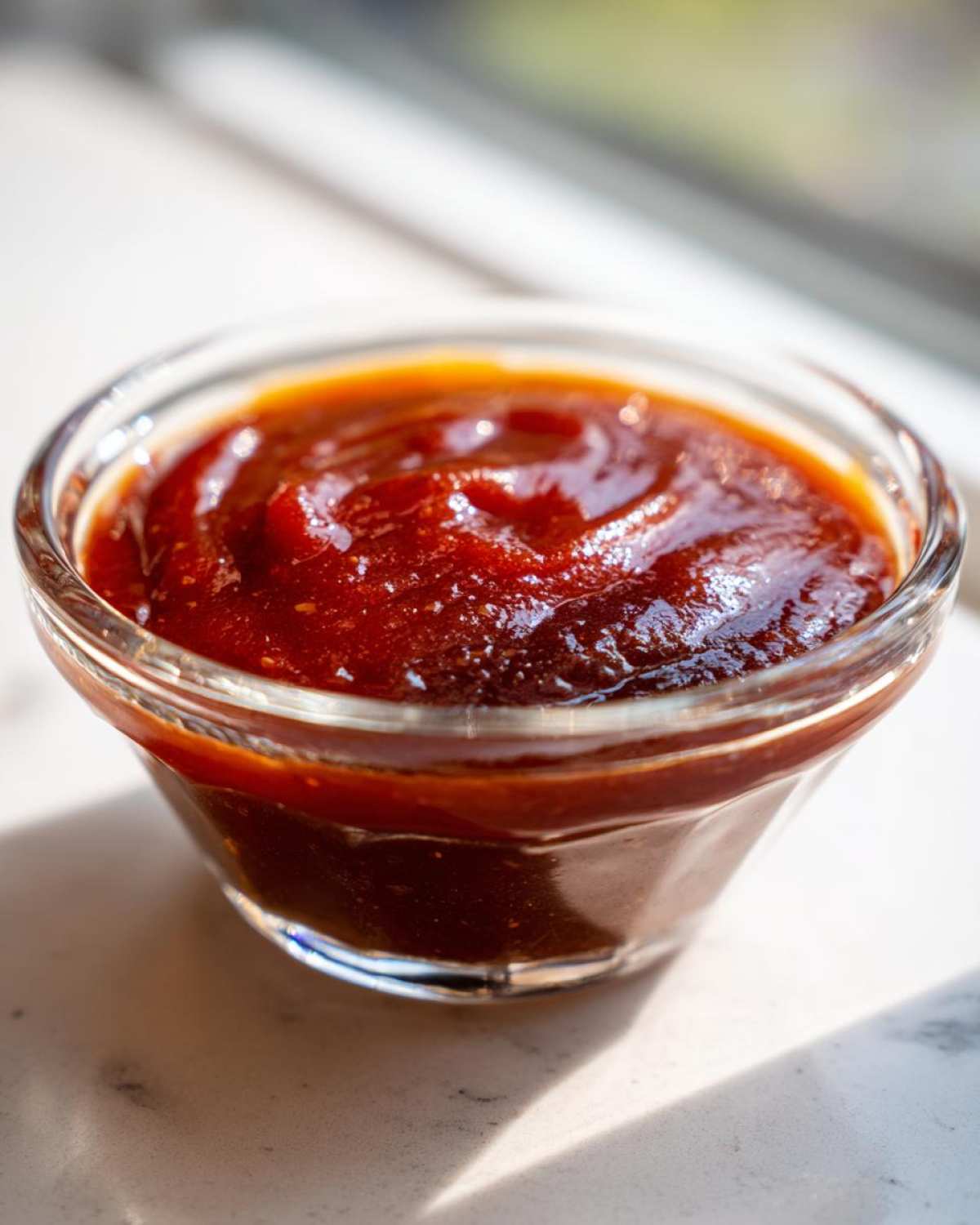 A close-up shot of thick, rich, homemade bbq sauce glistening in a small clear glass ramekin.