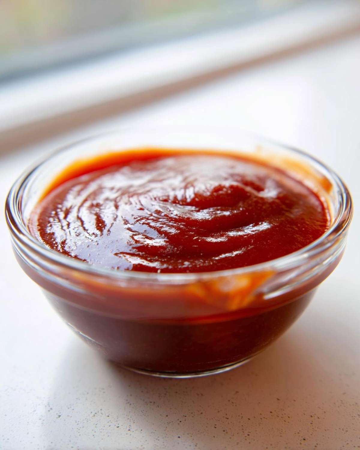 Close-up of rich, thick homemade bbq sauce swirled in a small clear glass bowl.