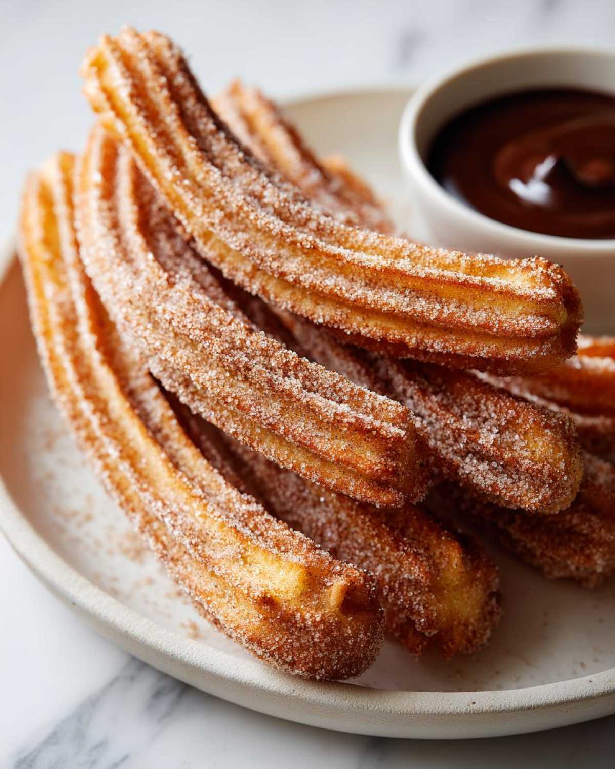 A close-up of freshly fried Homemade Churros with Chocolate Sauce, coated generously in cinnamon sugar, served on a plate.