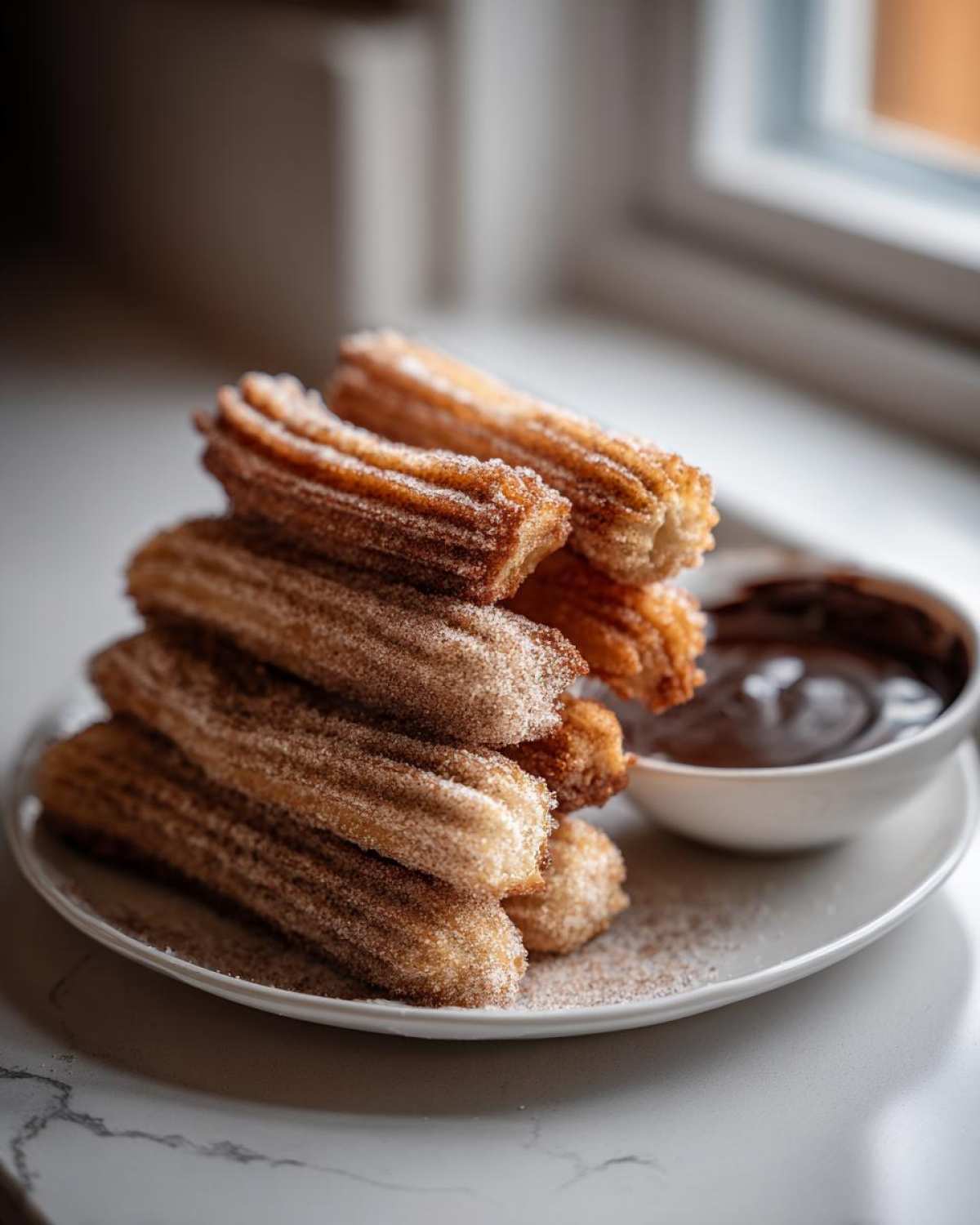 A tall stack of golden brown Homemade Churros with Chocolate Sauce, coated in cinnamon sugar, sits on a white plate.