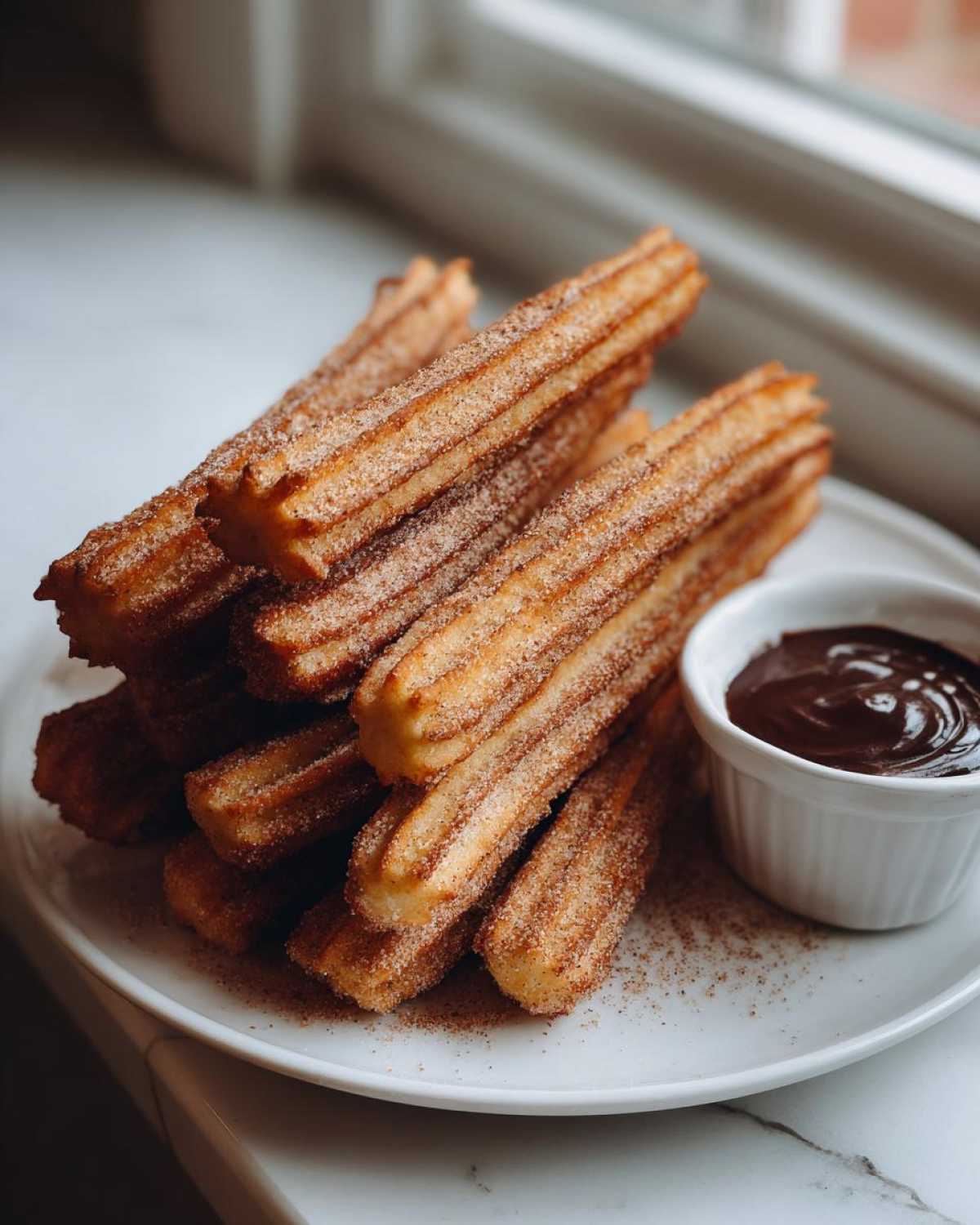 A close-up of a stack of golden, cinnamon-sugar coated Homemade Churros with Chocolate Sauce served on a white plate.