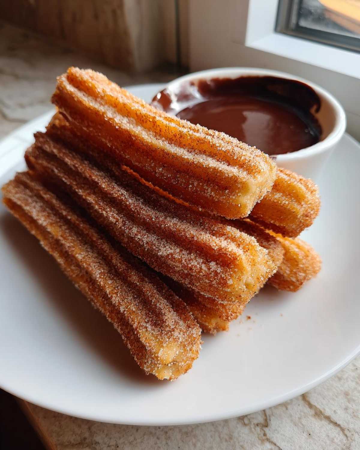 A stack of golden brown Homemade Churros with Chocolate Sauce, coated in cinnamon sugar, served on a white plate.
