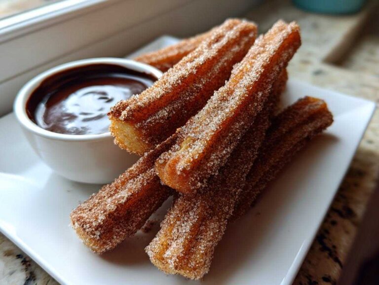 A stack of freshly fried Homemade Churros with Chocolate Sauce, coated in cinnamon sugar, served on a white plate.