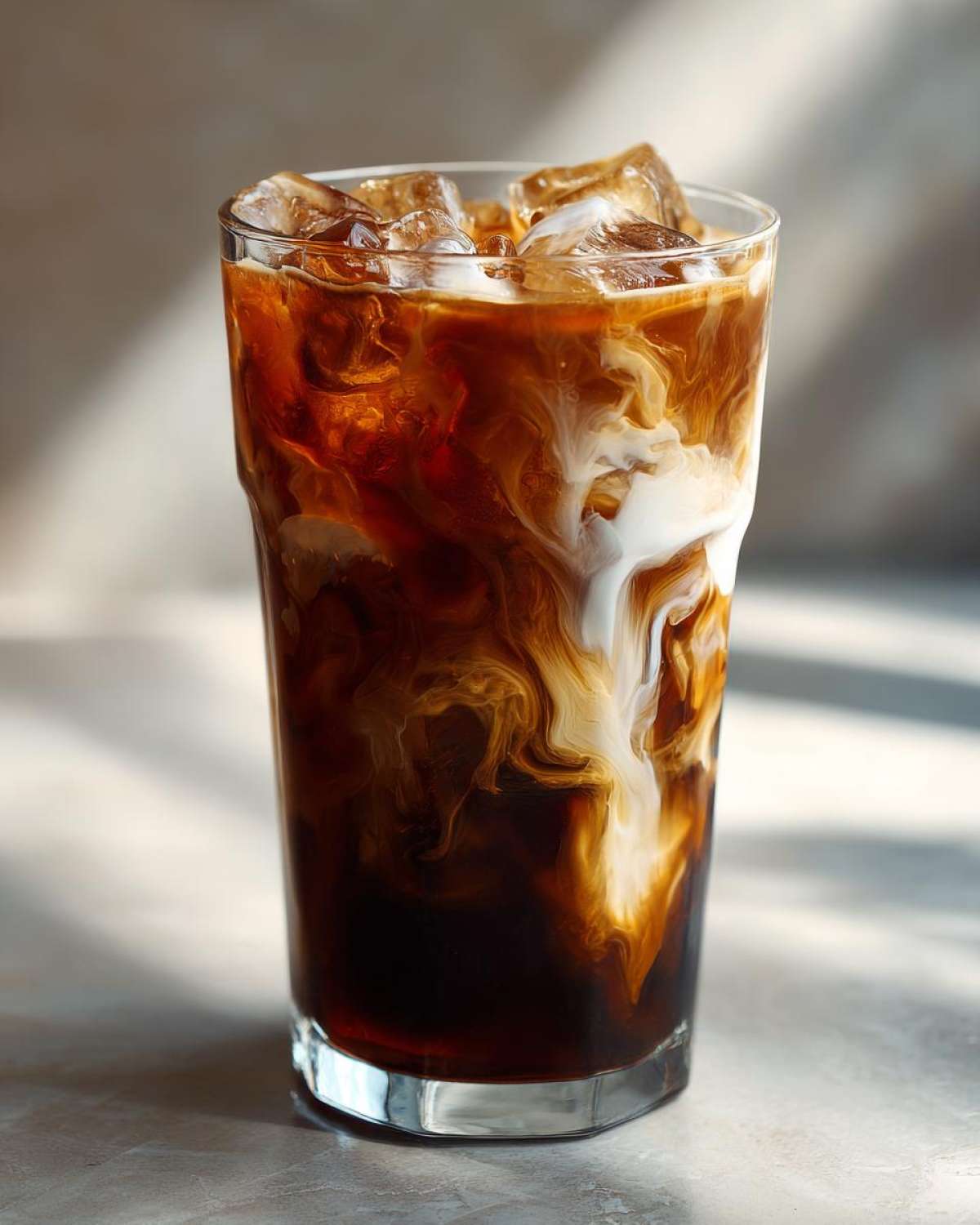 A tall glass of Homemade Cold Brew Coffee Spring with ice cubes and cream swirling into the dark coffee.