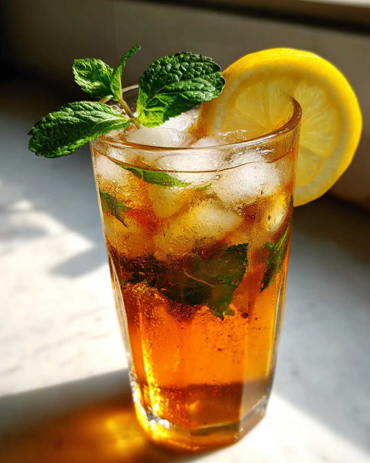 Tall glass of Homemade Iced Tea with Fresh Herbs, ice, mint sprigs, and a lemon slice garnish.