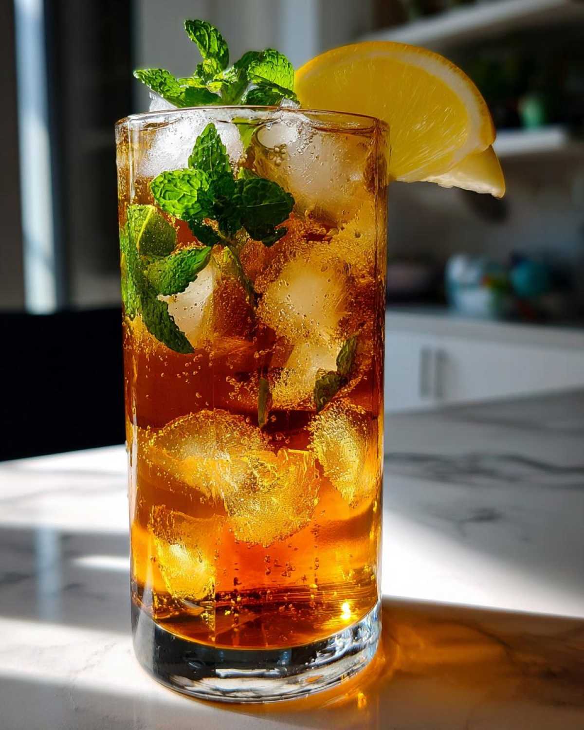 Tall glass of Homemade Iced Tea with Fresh Herbs, filled with ice, mint leaves, and garnished with a lemon slice.
