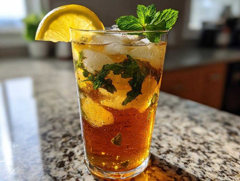 Tall glass of Homemade Iced Tea with Fresh Herbs, filled with ice, mint leaves, and garnished with a lemon slice.