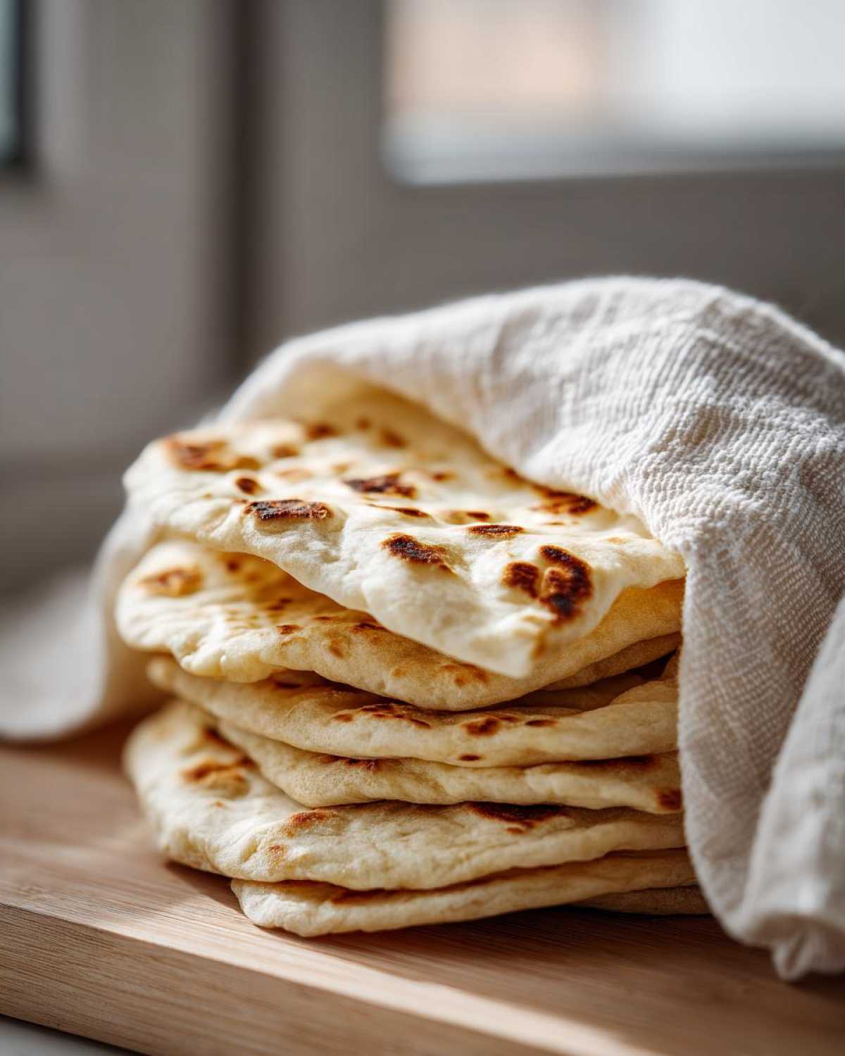 A stack of freshly made Homemade Pita Bread from Scratch, lightly browned and wrapped in a white cloth.