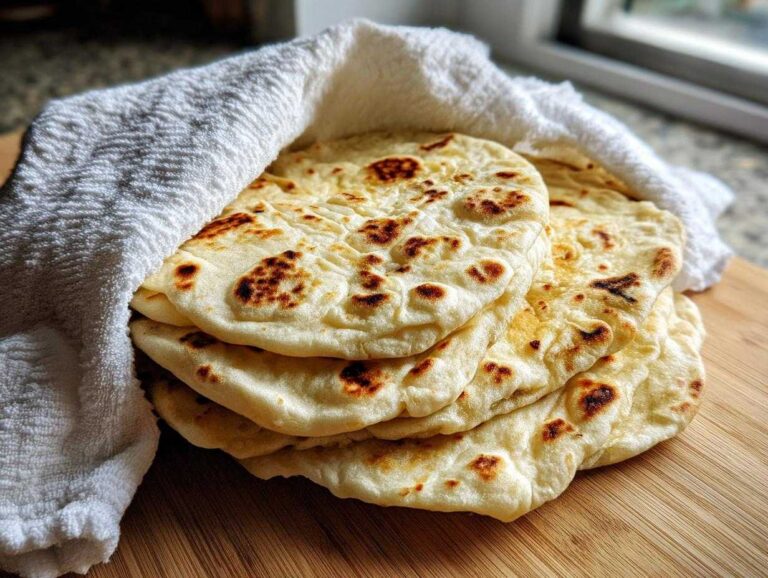 A stack of freshly cooked Homemade Pita Bread From Scratch, kept warm under a white kitchen towel.