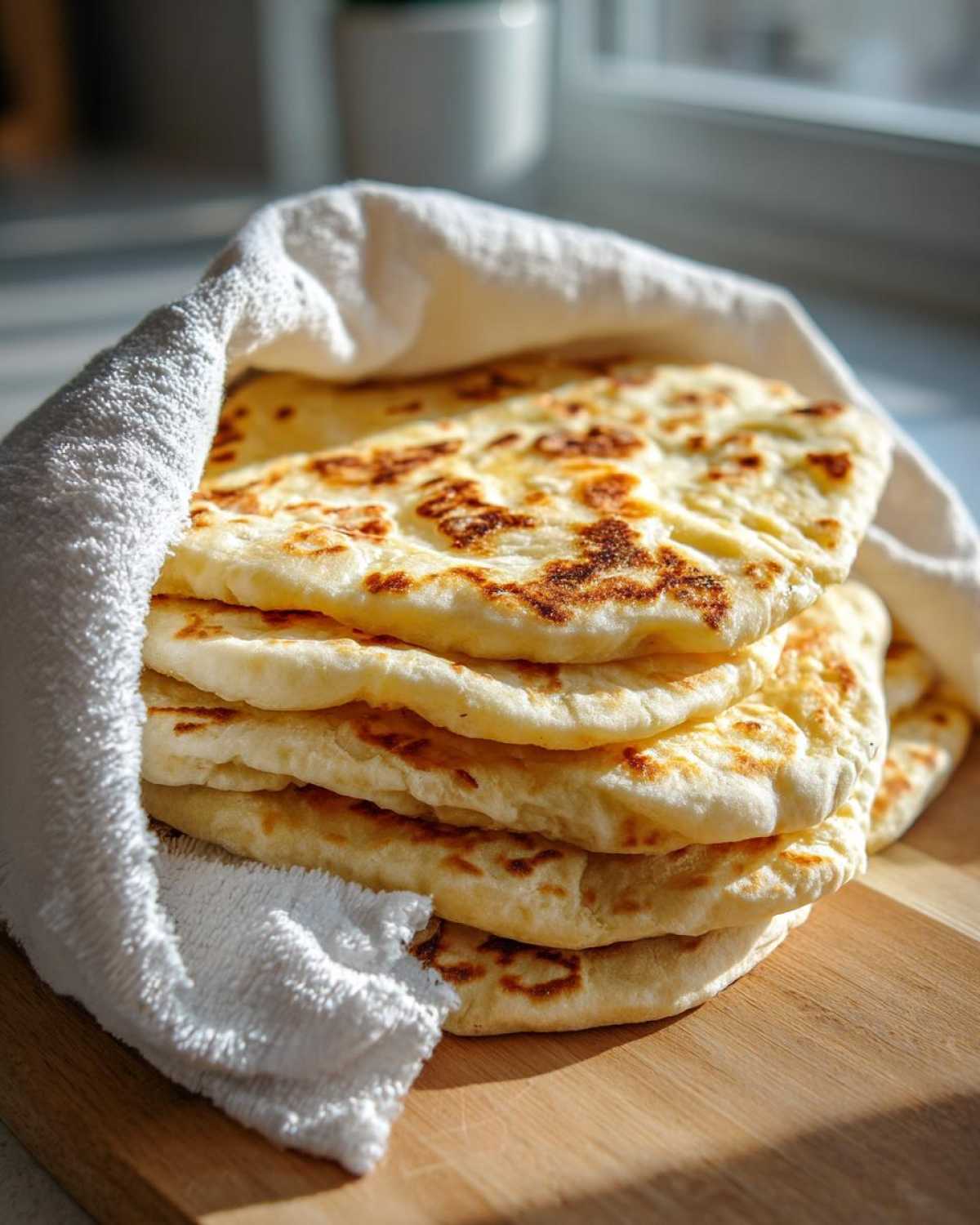 A warm stack of freshly made Homemade Pita Bread from Scratch wrapped partially in a white towel.