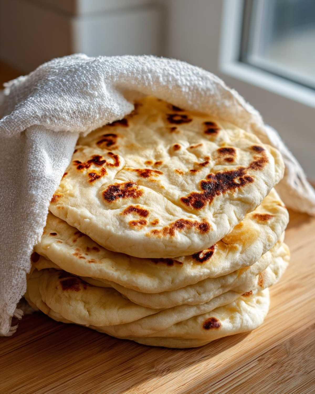 A warm stack of freshly made Homemade Pita Bread from Scratch, partially covered by a white towel.