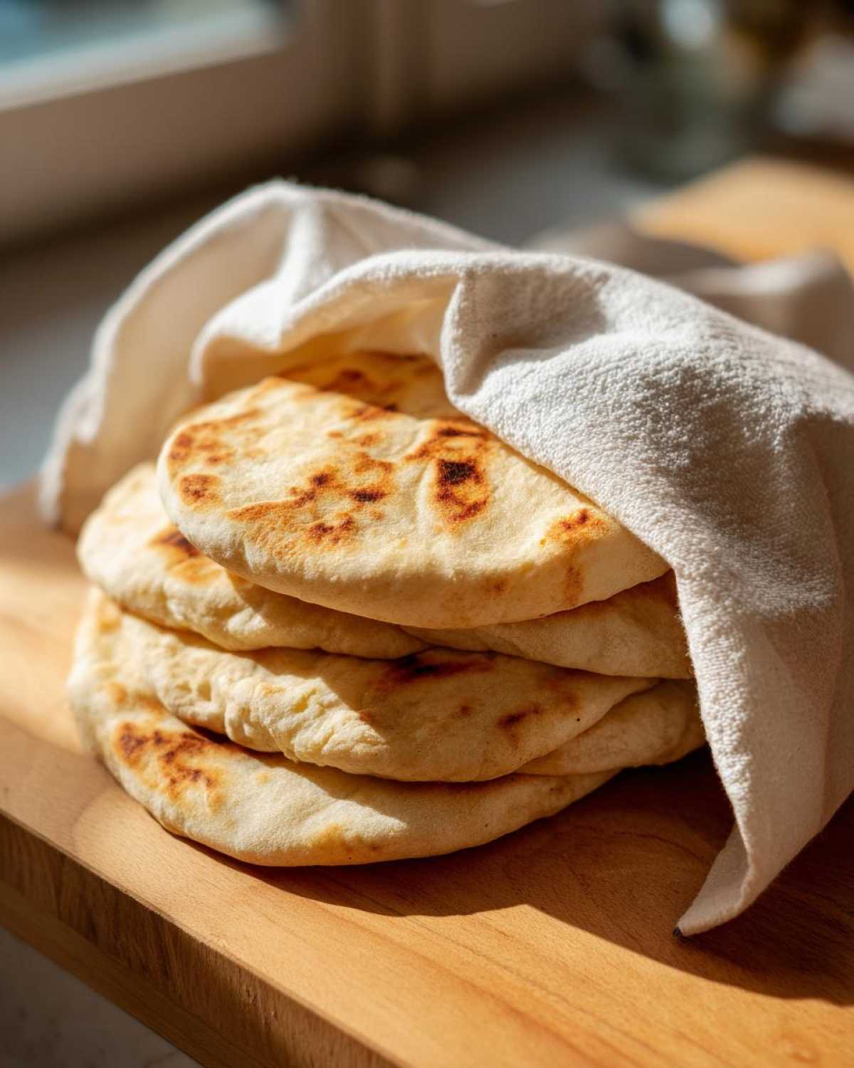 A stack of freshly cooked Homemade Pita Bread from Scratch wrapped partially in a white cloth on a wooden board.