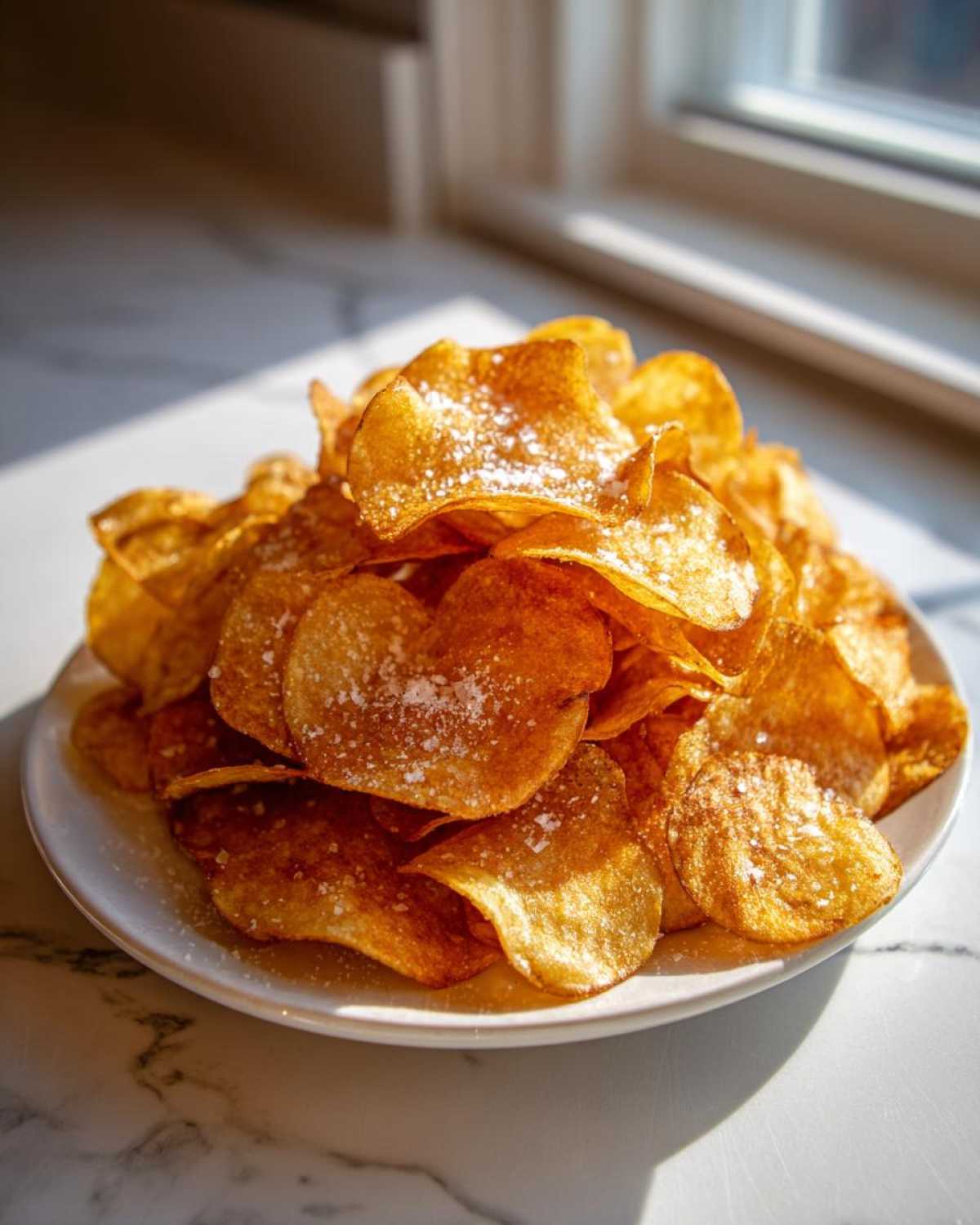 A tall stack of golden brown, homemade potato chips sprinkled with salt, sitting on a white plate.