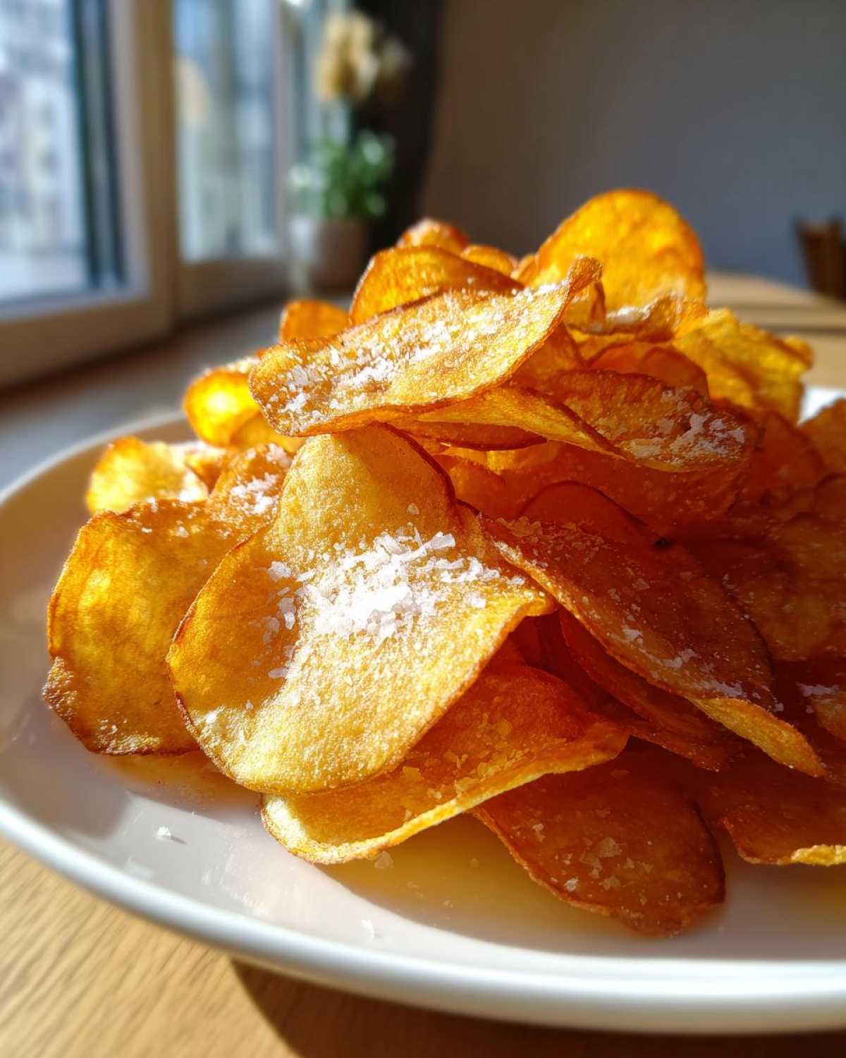 A close-up of a pile of golden, homemade potato chips sprinkled generously with flaky sea salt.