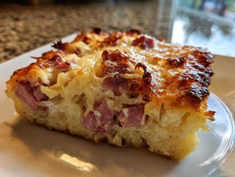 Close-up of a thick slice of homemade Reuben bake showing layers of bread, corned beef or ham, sauerkraut, and a bubbly, browned cheese topping.