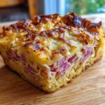 A thick, golden-brown slice of homemade Reuben bake showing layers of corned beef and melted cheese.