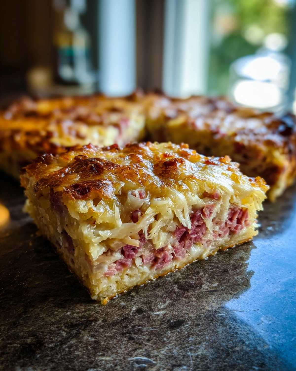 Close-up of a square slice of homemade Reuben bake showing layers of corned beef, sauerkraut, and melted cheese.