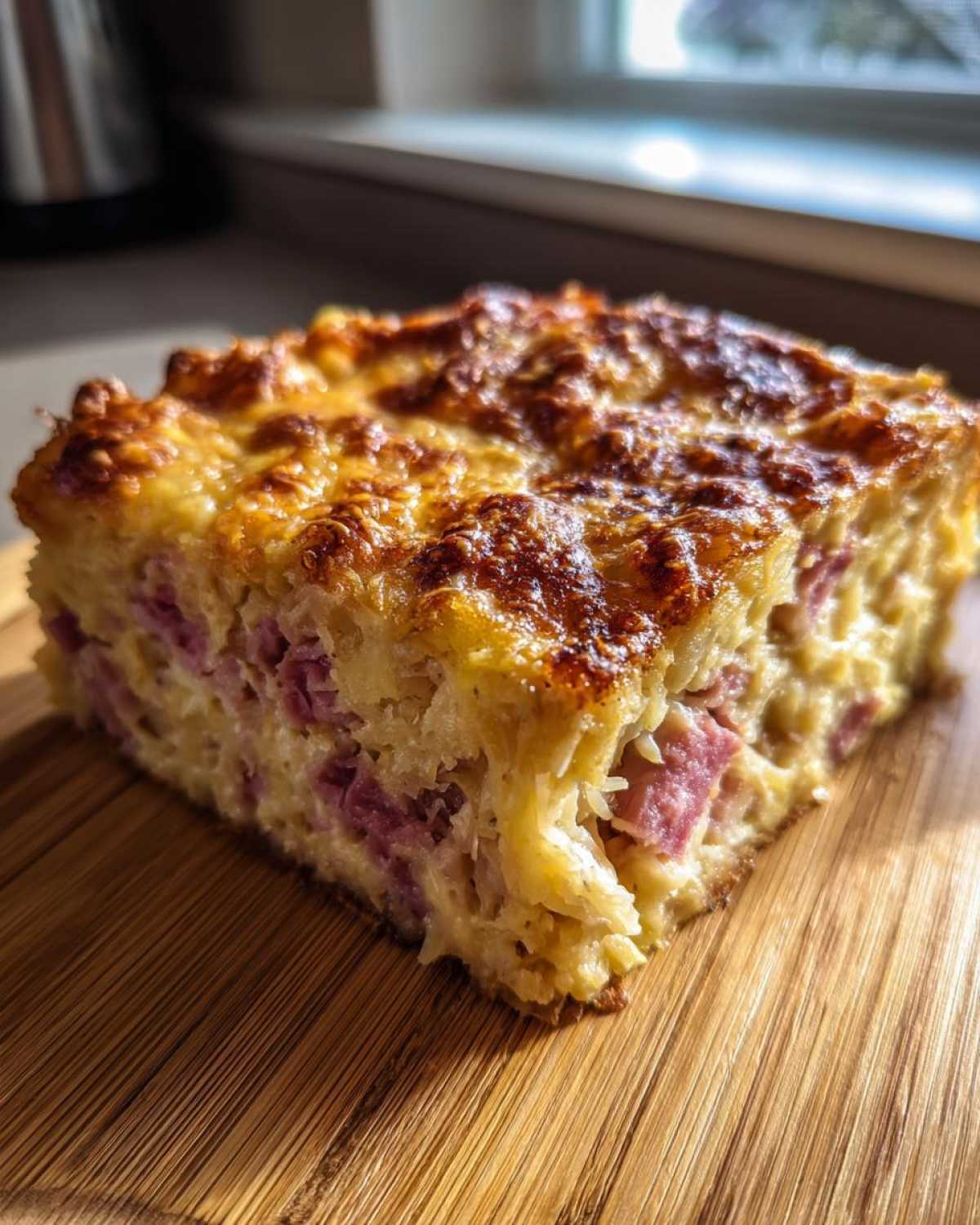 Close-up of a square slice of homemade Reuben bake with a golden, cheesy crust, showing corned beef pieces inside.