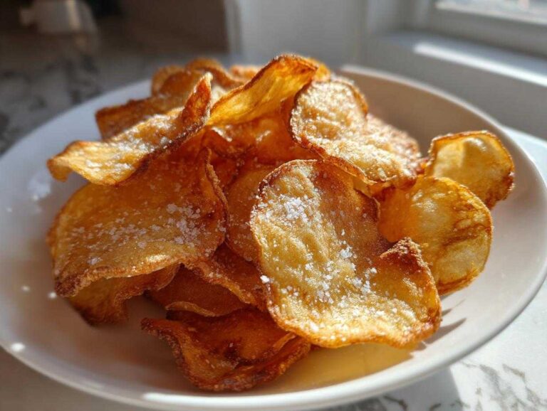 A close-up of freshly made, golden brown potato chips sprinkled with coarse salt, served in a white bowl.