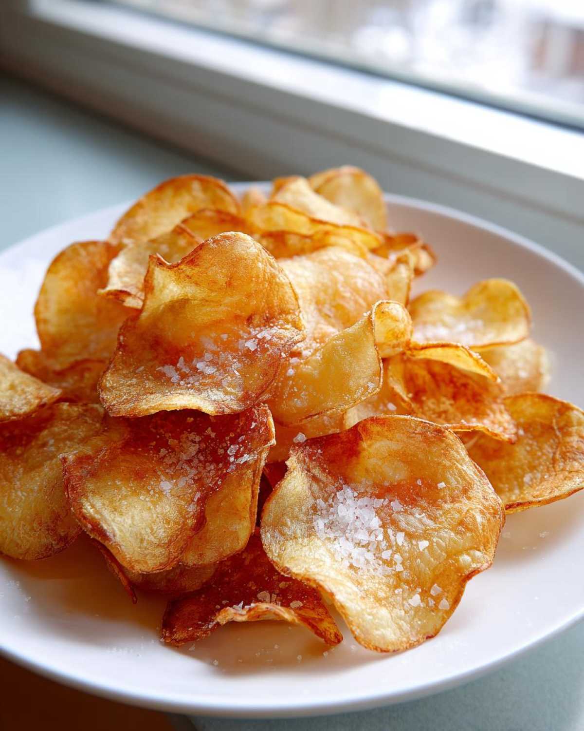 Close-up of crispy, golden homemade potato chips generously sprinkled with sea salt on a white plate.