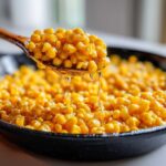 A wooden spoon lifts a scoop of glistening Honey Butter Skillet Corn, with honey dripping back into the pan.