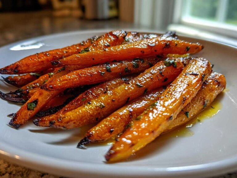 Close-up of perfectly glazed Honey Garlic Butter Carrots Roasted, glistening with sauce and sprinkled with herbs.