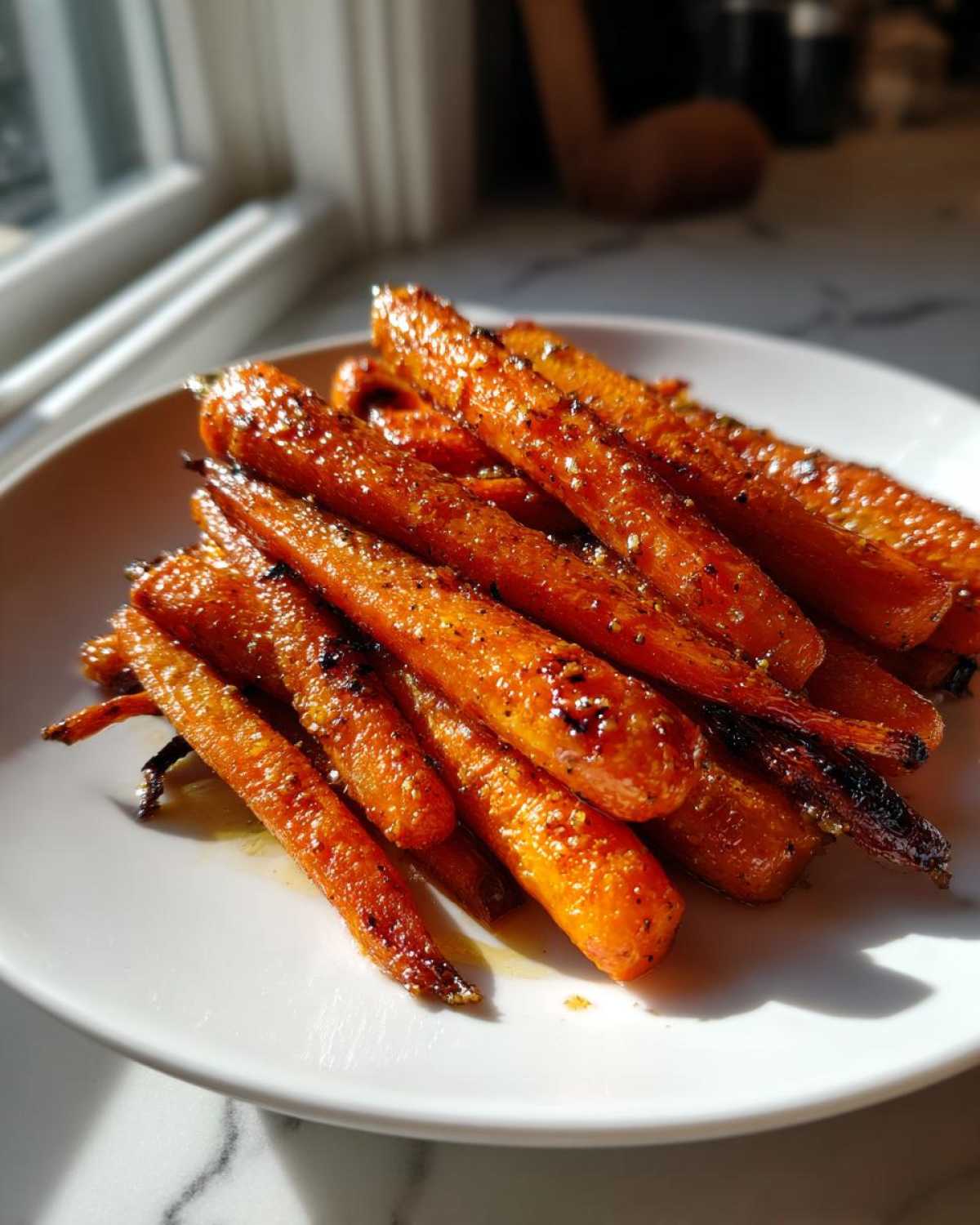 A pile of glazed Honey Garlic Butter Carrots Roasted, glistening with sauce and seasoning, served on a white plate.