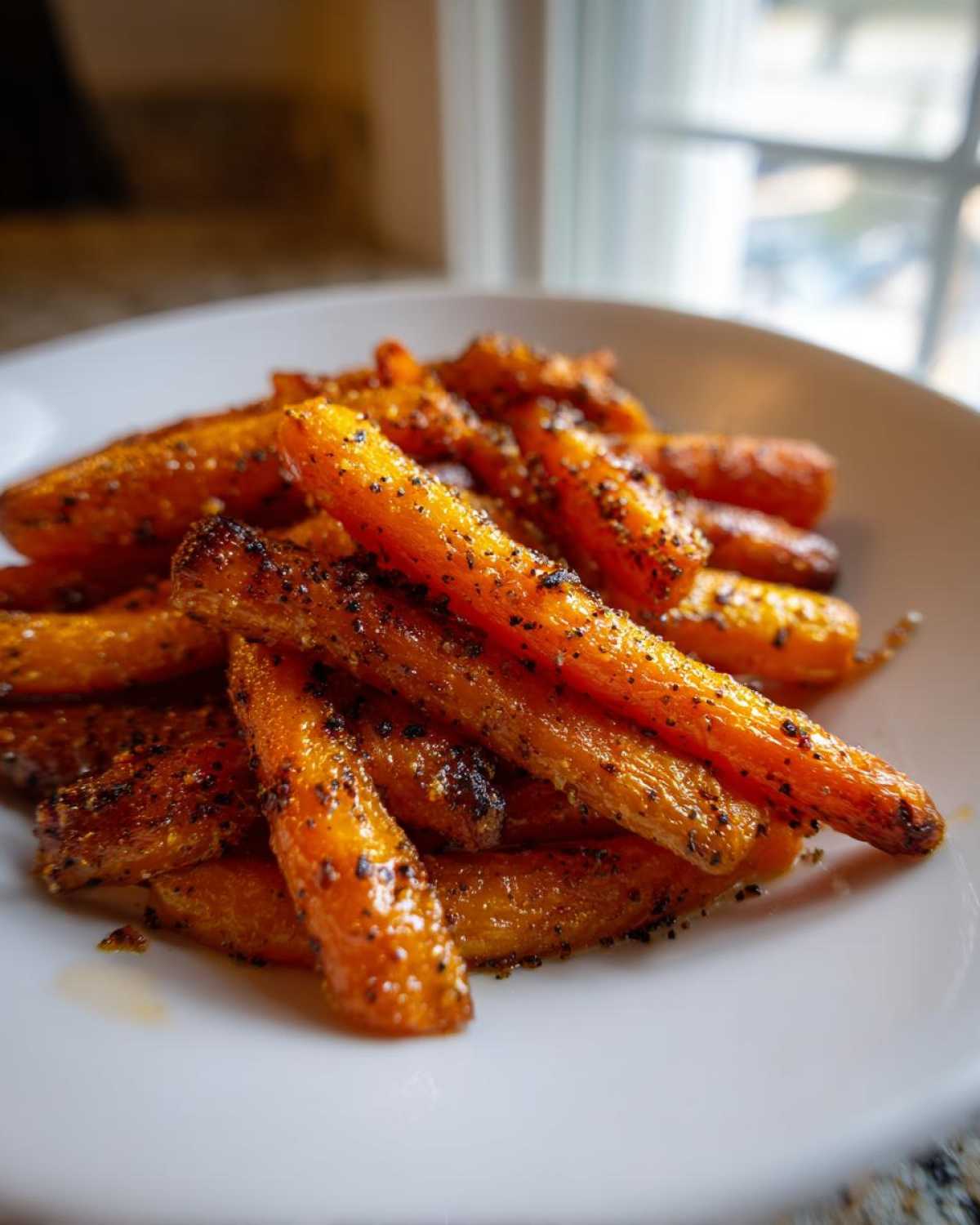 A close-up of roasted carrots coated in a dark glaze and seasoning, ready to eat, showcasing Honey Garlic Butter Carrots Roasted.