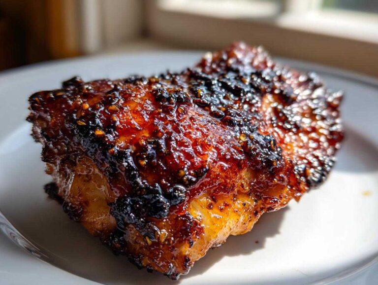 Close-up of a perfectly cooked Honey Garlic Chicken Thighs piece with a dark, sticky, caramelized glaze.
