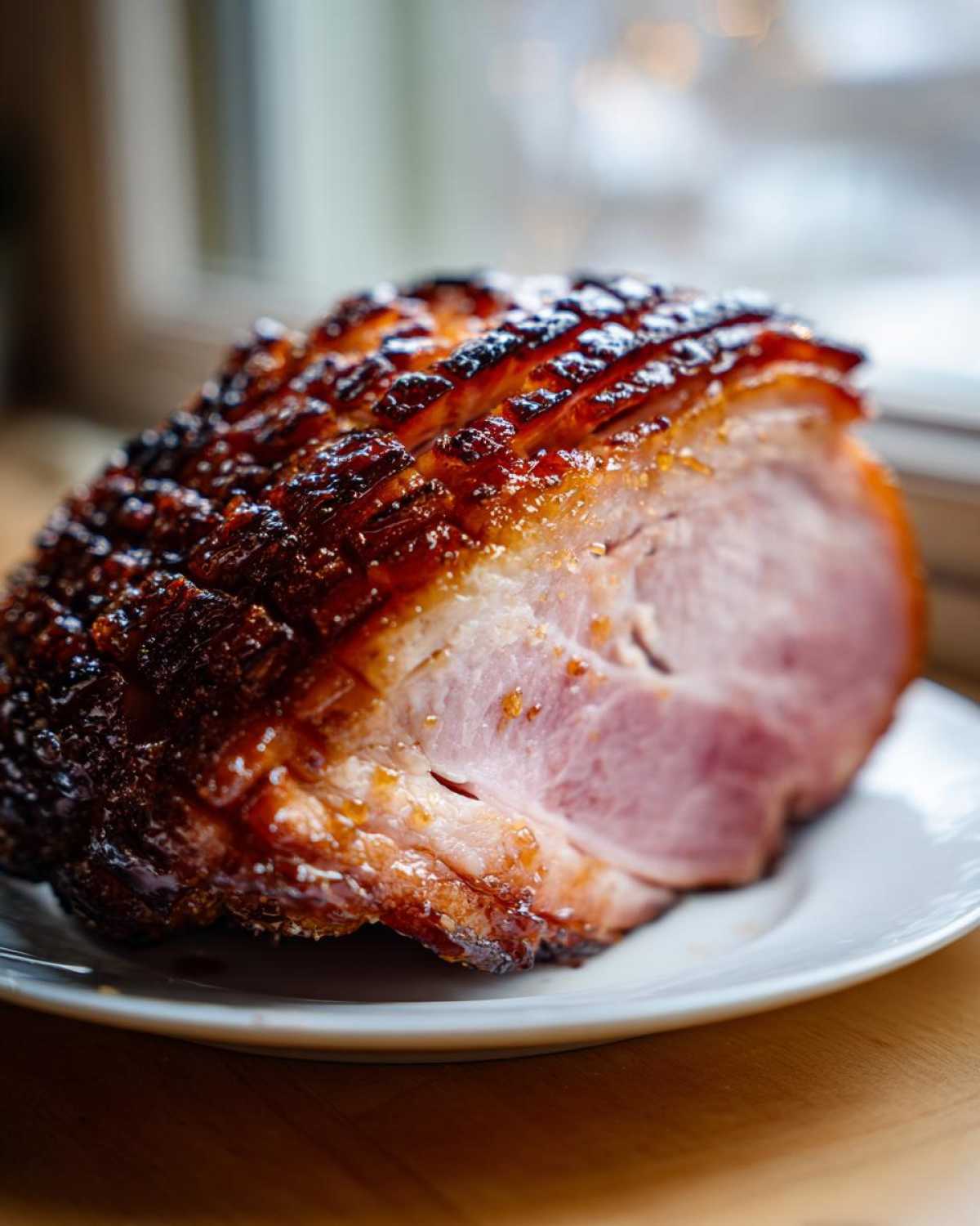 Close-up of a beautifully scored and caramelized Honey Glazed Easter Ham Recipe resting on a white plate.