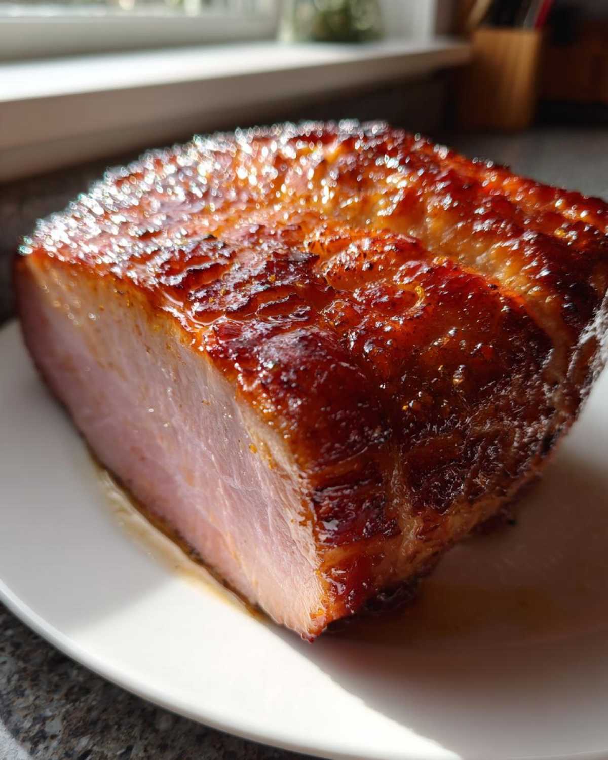 Close-up of a thick slice of ham with a dark, shiny, caramelized honey glaze, ready for the Honey Glazed Easter Ham Recipe.