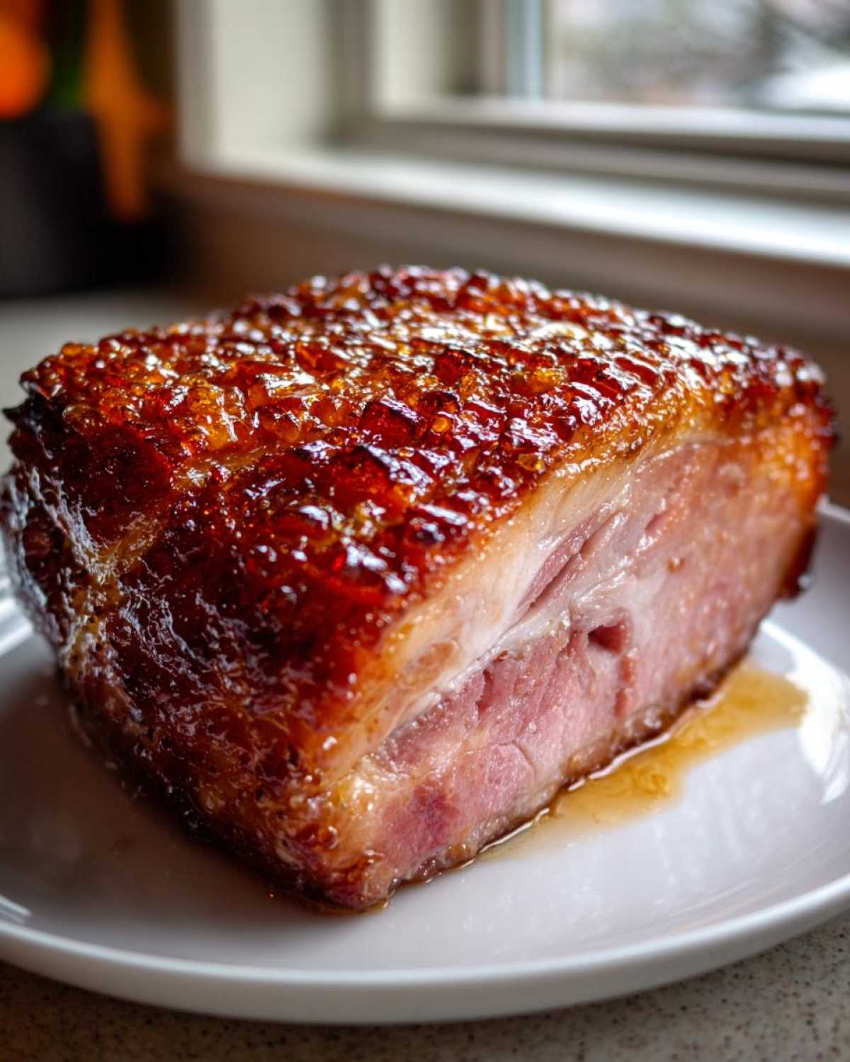 Close-up of a thick slice of Honey Glazed Easter Ham with a dark, crackled, caramelized crust.