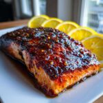 Close-up of a perfectly cooked Honey Salmon fillet covered in a thick, dark, sticky glaze, served with fanned lemon slices.