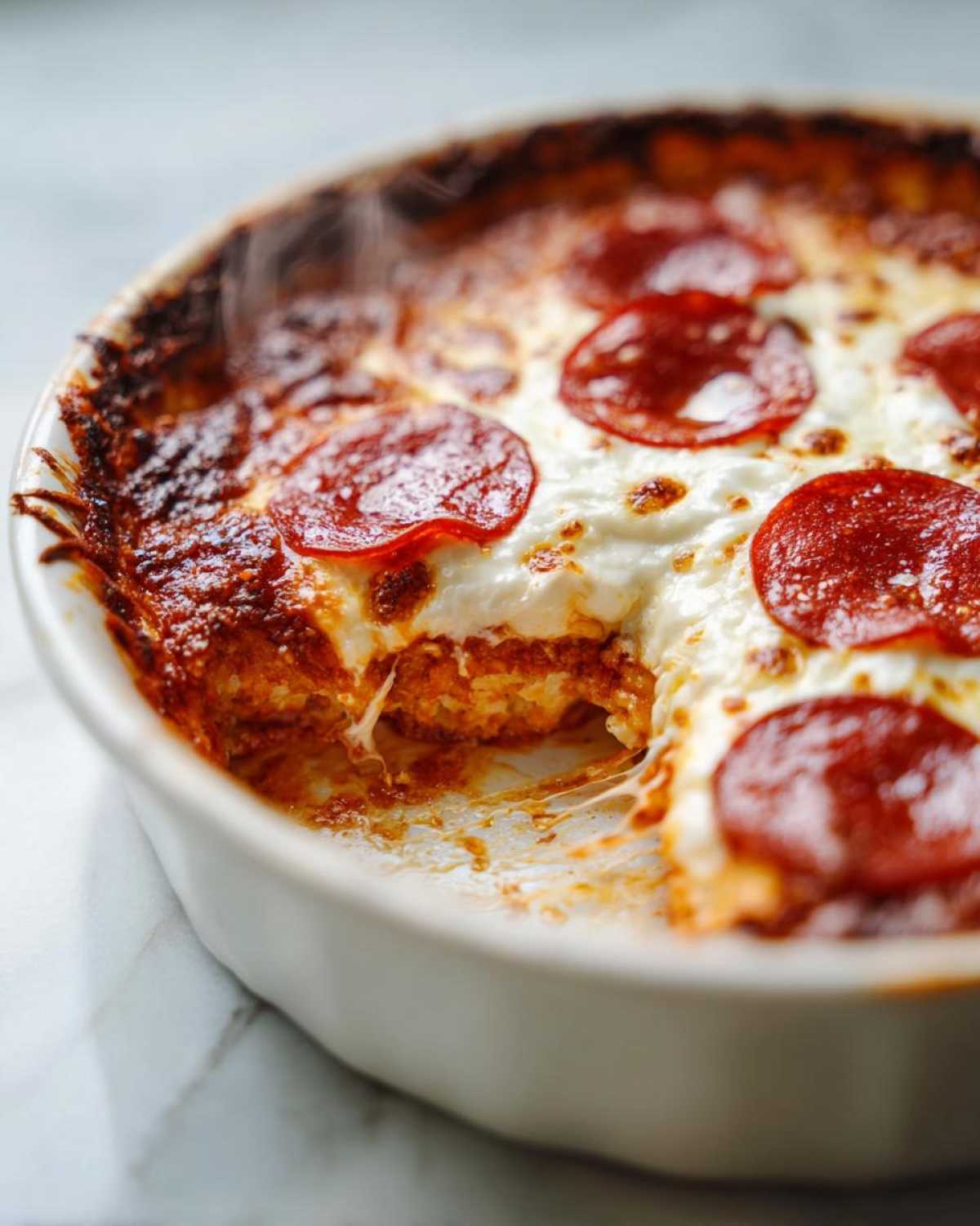 Close-up of a freshly baked cottage cheese pizza bowl topped with melted mozzarella and pepperoni slices, showing a cheesy pull.