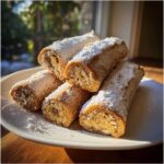 A stack of five freshly baked italian nut roll cookies, rolled and filled with nuts, dusted heavily with powdered sugar.