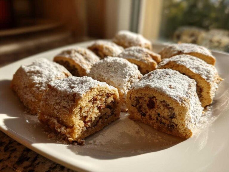 Close-up of several Italian nut roll cookies dusted heavily with powdered sugar on a white plate.