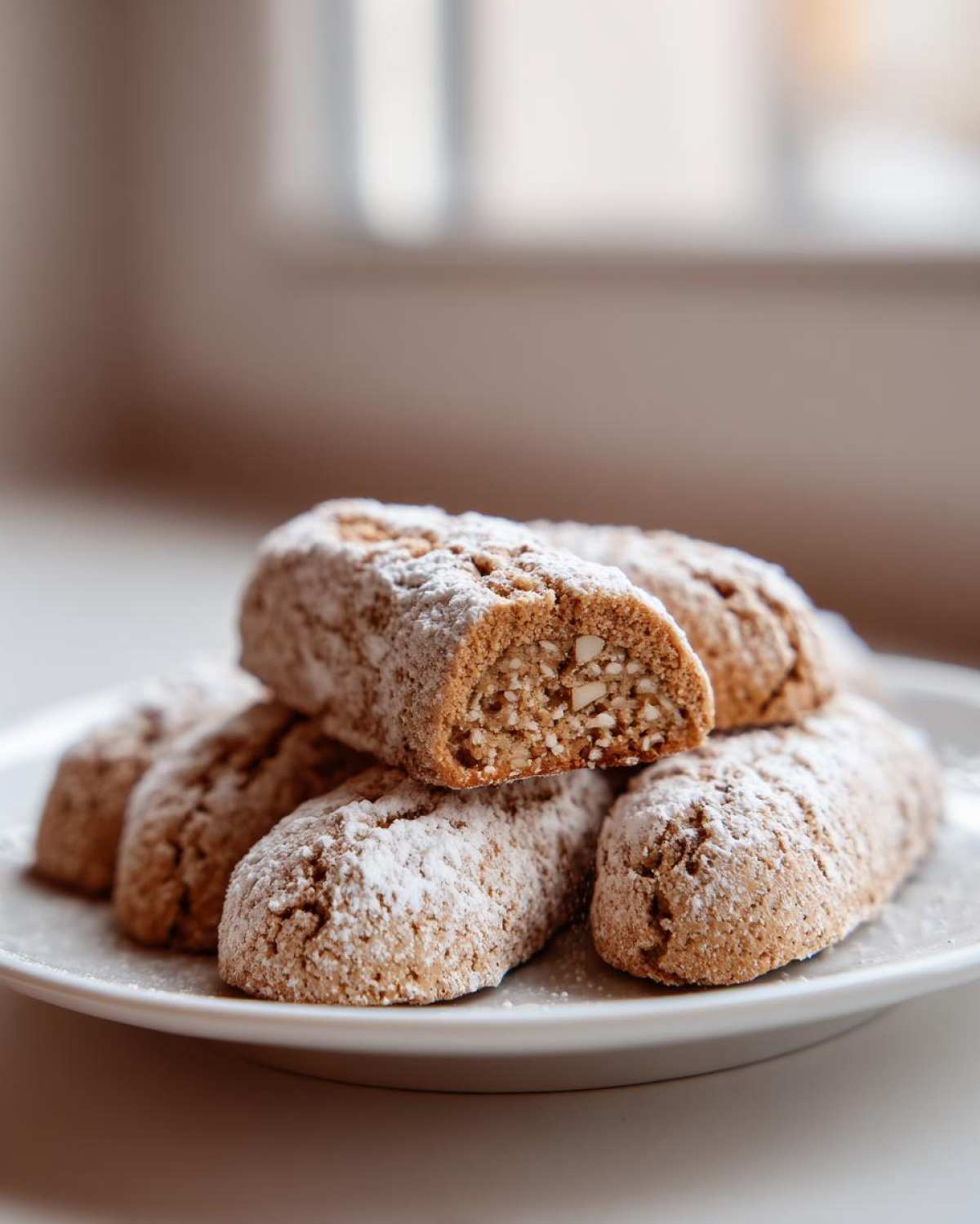 A stack of freshly baked Italian nut roll cookies, heavily dusted with powdered sugar, showing the nutty filling in a cross-section.