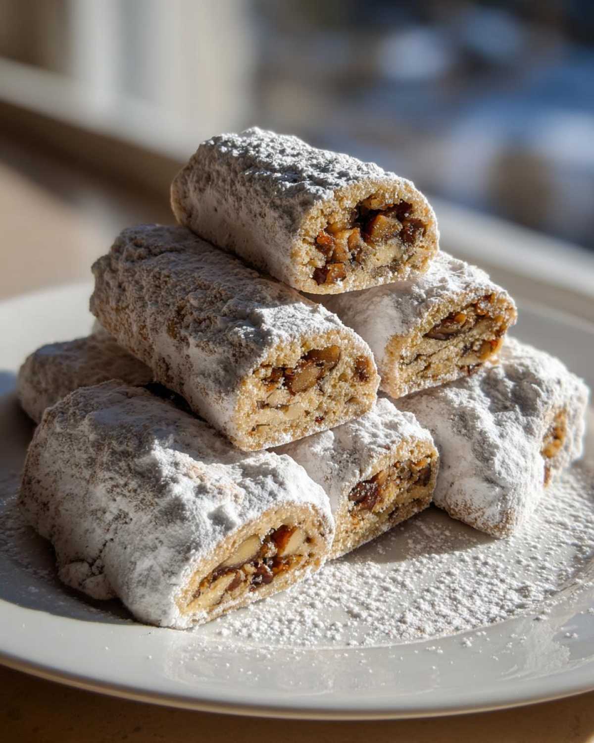 Close-up of stacked Italian nut roll cookies, showing the rich nut filling and heavy dusting of powdered sugar.