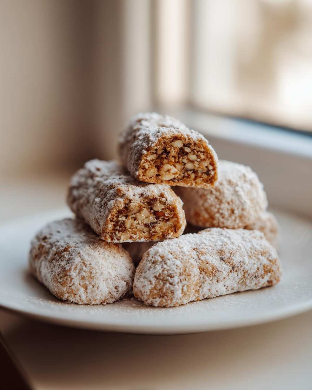 A stack of Italian nut roll cookies dusted heavily with powdered sugar, one cookie is cut open showing the nutty filling.