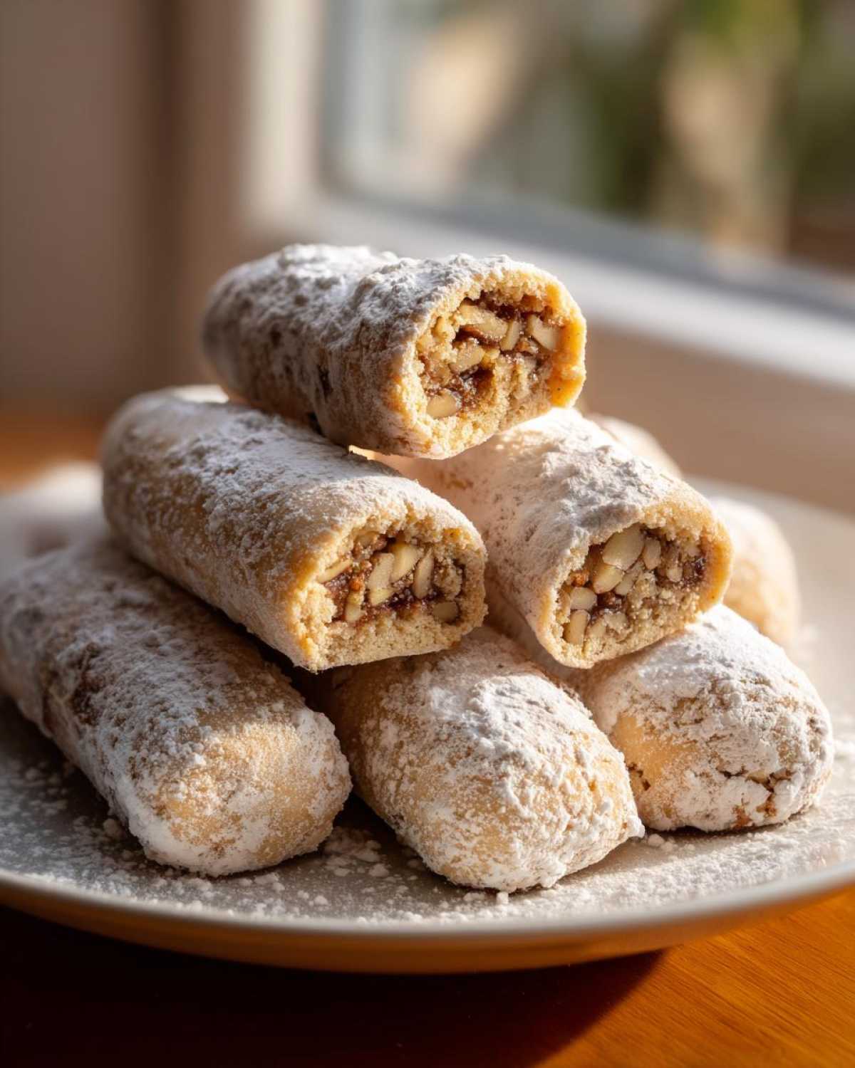A stack of freshly baked Italian nut roll cookies, heavily dusted with powdered sugar, showing the nutty filling inside.