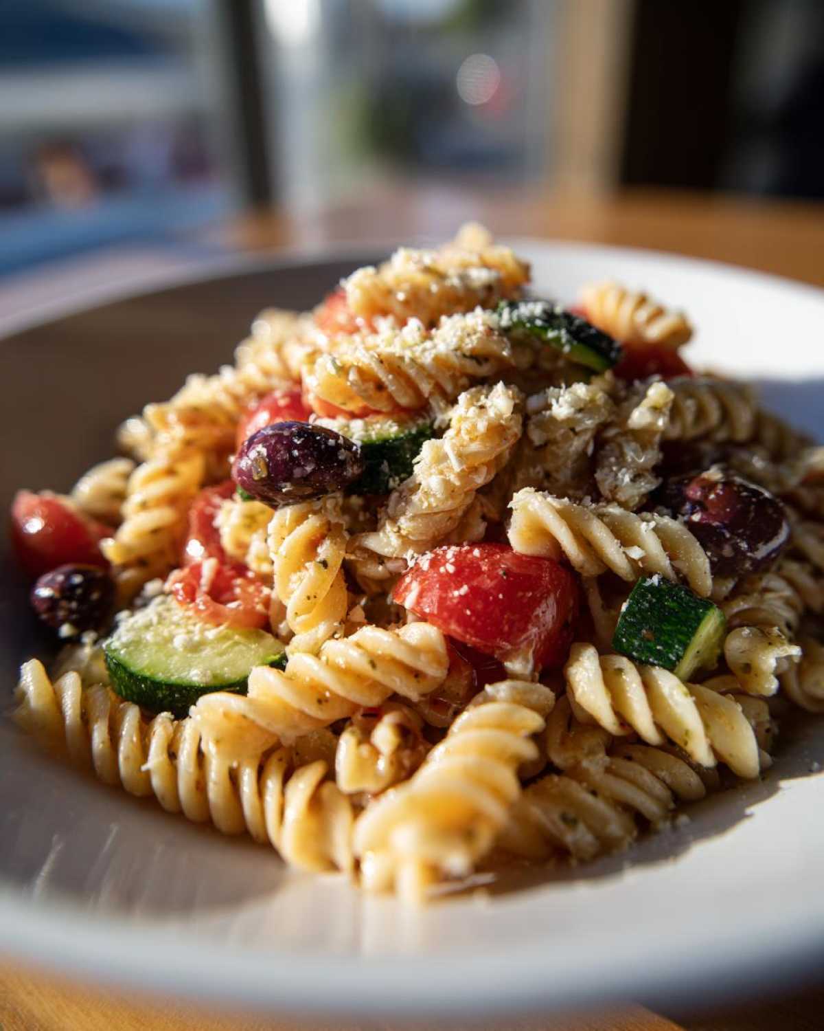 A close-up of a serving of Italian pasta salad featuring fusilli pasta, cherry tomatoes, zucchini, olives, and grated cheese.