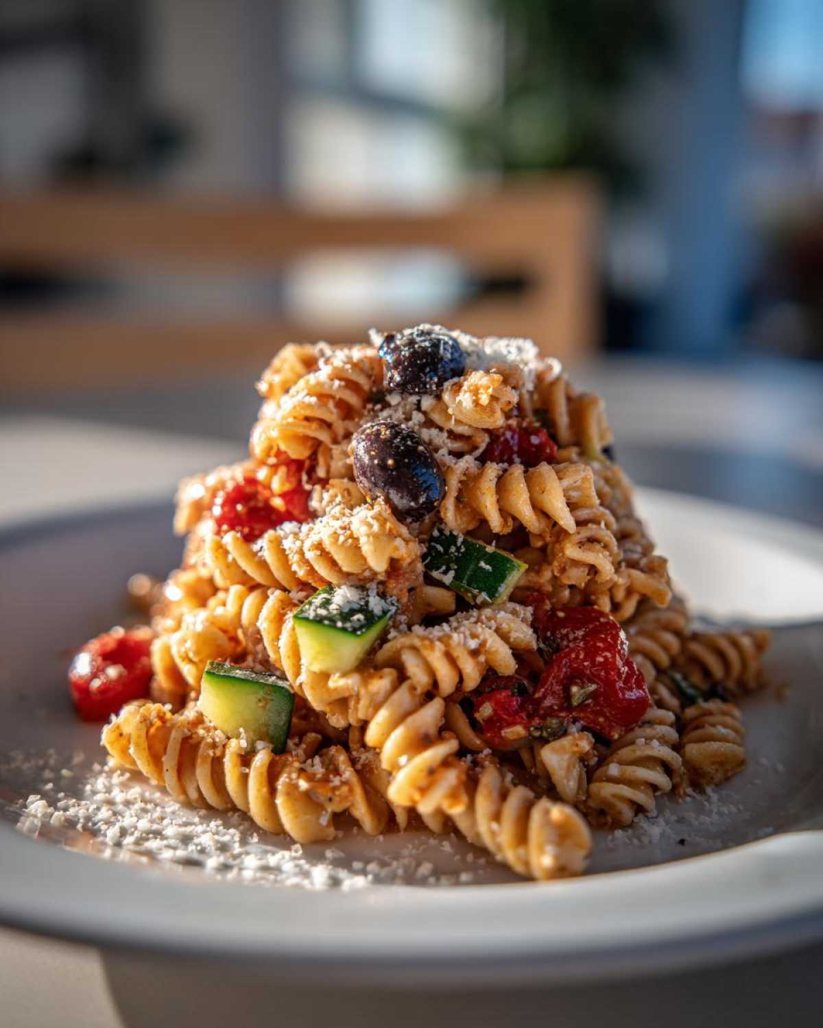 Close-up of a mound of Italian pasta salad made with fusilli, sun-dried tomatoes, cucumber, olives, and grated cheese.