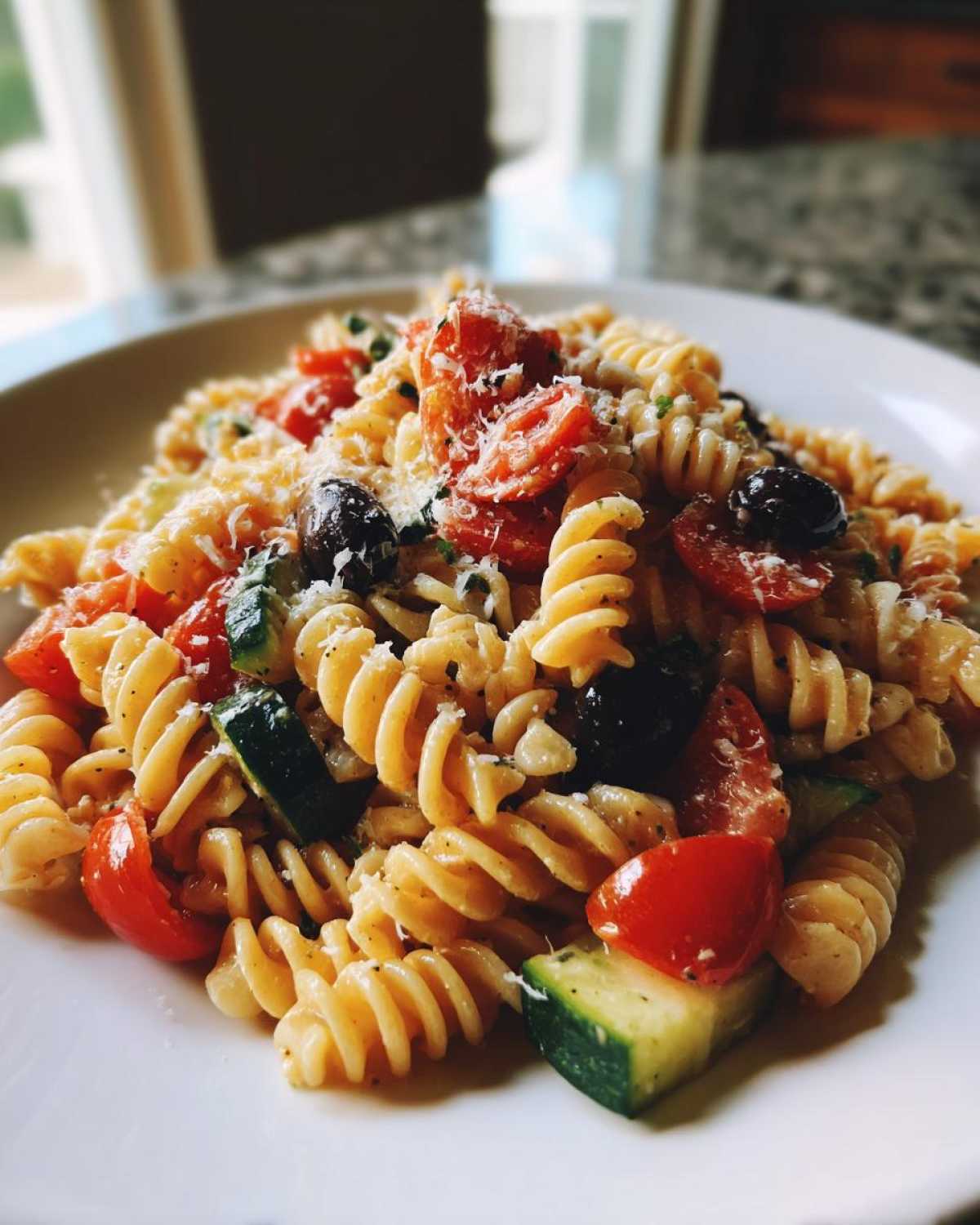A close-up shot of a serving of Italian pasta salad made with fusilli, cherry tomatoes, cucumber, olives, and grated cheese.