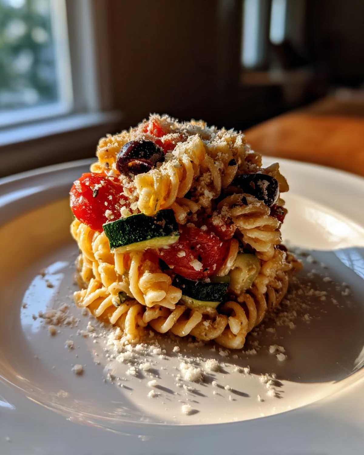 A molded serving of Italian pasta salad featuring rotini pasta, cherry tomatoes, zucchini slices, olives, and grated cheese.