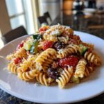 A close-up of a white plate piled high with Italian pasta salad featuring fusilli, cherry tomatoes, zucchini, olives, and grated cheese.