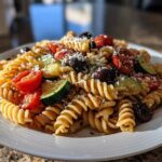 A close-up of a serving of Italian pasta salad featuring rotini pasta, cherry tomatoes, zucchini, olives, and grated cheese.