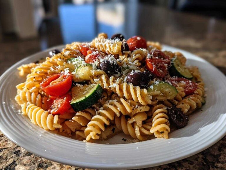 A close-up of a serving of Italian pasta salad featuring rotini pasta, cherry tomatoes, zucchini, olives, and grated cheese.