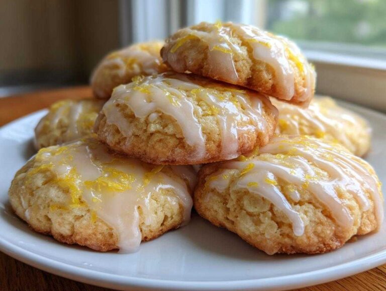 A stack of soft, glazed Italian ricotta cookies topped with bright yellow lemon zest.